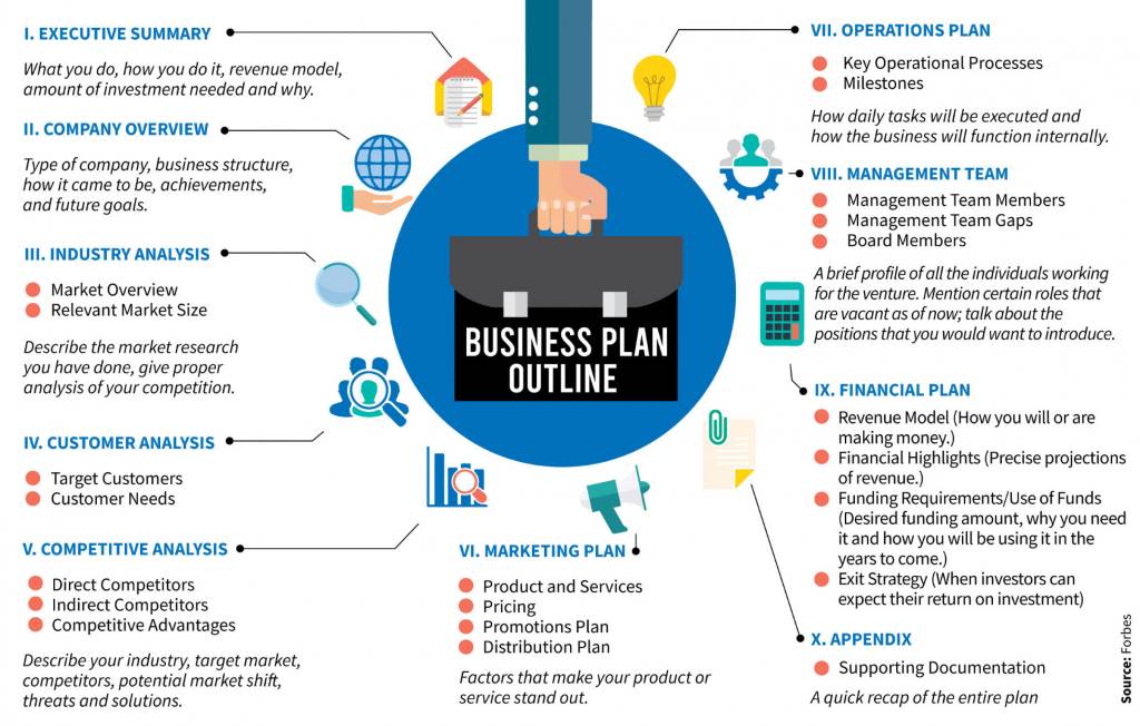 Business plan outline highlighting startup purpose and goals.