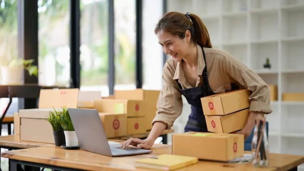 Entrepreneur planning a pet subscription box business with a laptop