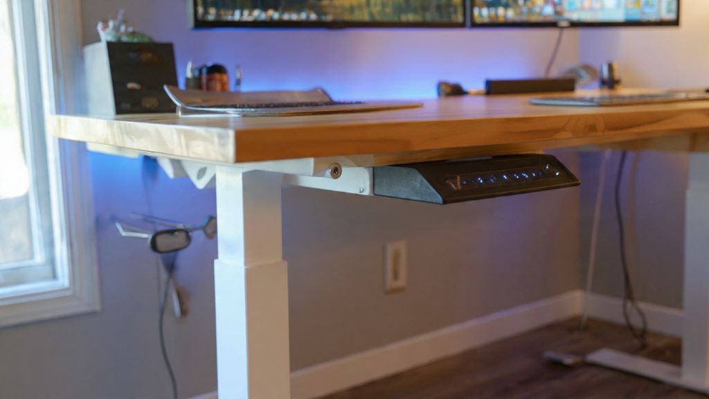 2. Close-up of reinforced steel frame and dual-motor system on L-shaped standing desk demonstrating wobble-free construction and stability features