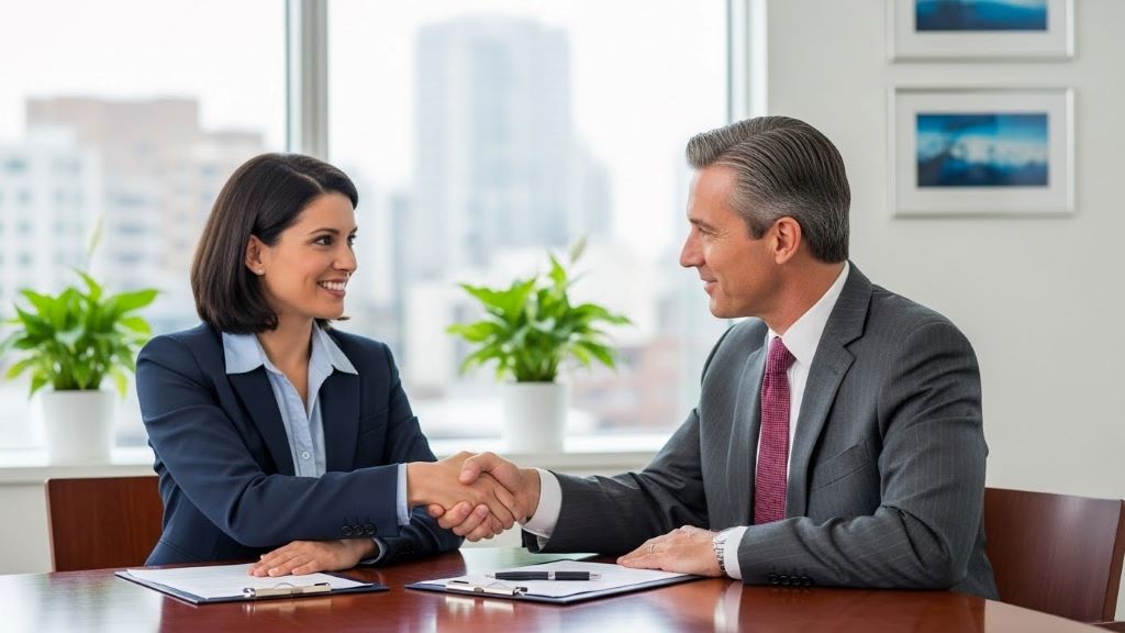 Small business owner shaking hands with loan officer in professional office setting