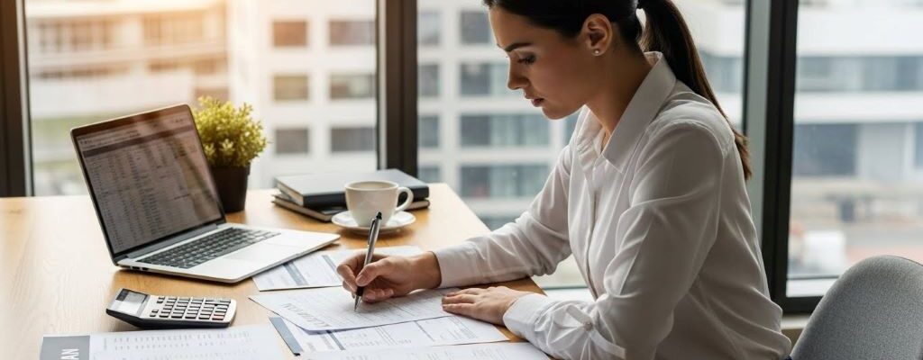 Entrepreneur reviewing business loan documents at desk with laptop and calculator