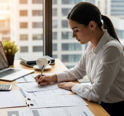 Entrepreneur reviewing business loan documents at desk with laptop and calculator