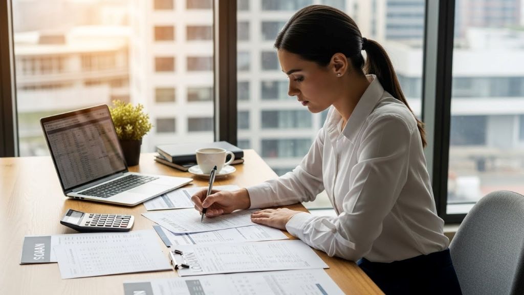 Entrepreneur reviewing business loan documents at desk with laptop and calculator