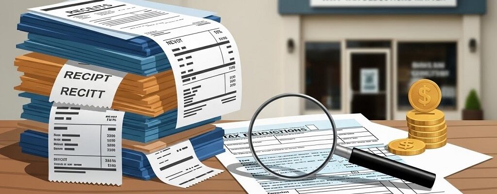 Small business owner reviewing tax deduction receipts and expense documentation at office desk