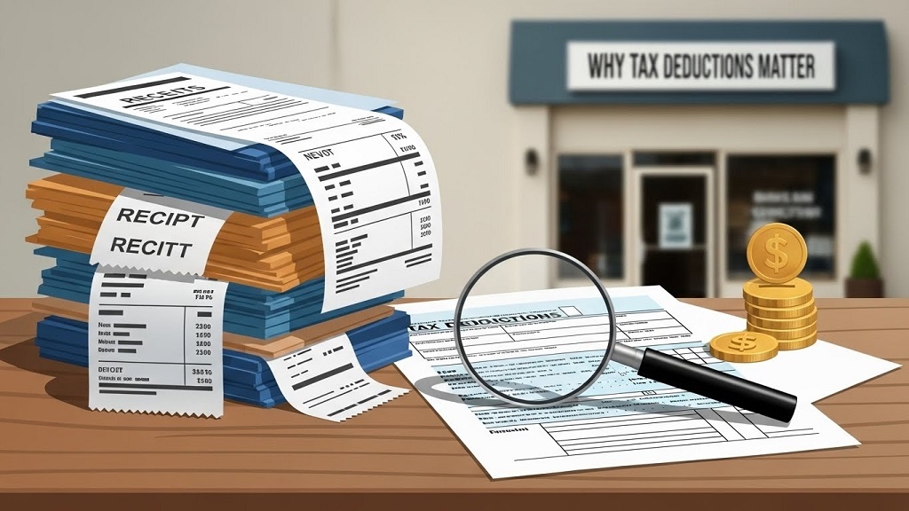 Small business owner reviewing tax deduction receipts and expense documentation at office desk