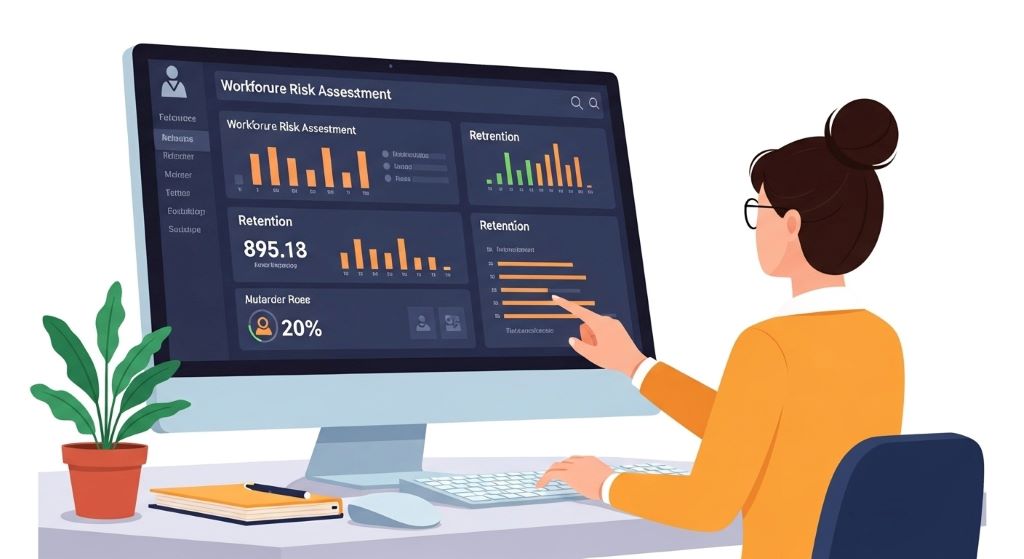 Human resources professional analyzing workforce risk assessment data and employee retention metrics on computer dashboard screen