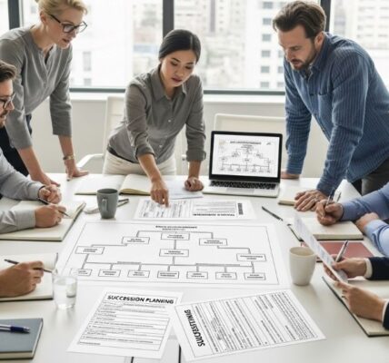 Business continuity planning meeting with diverse team reviewing organizational chart and succession planning documents on conference table