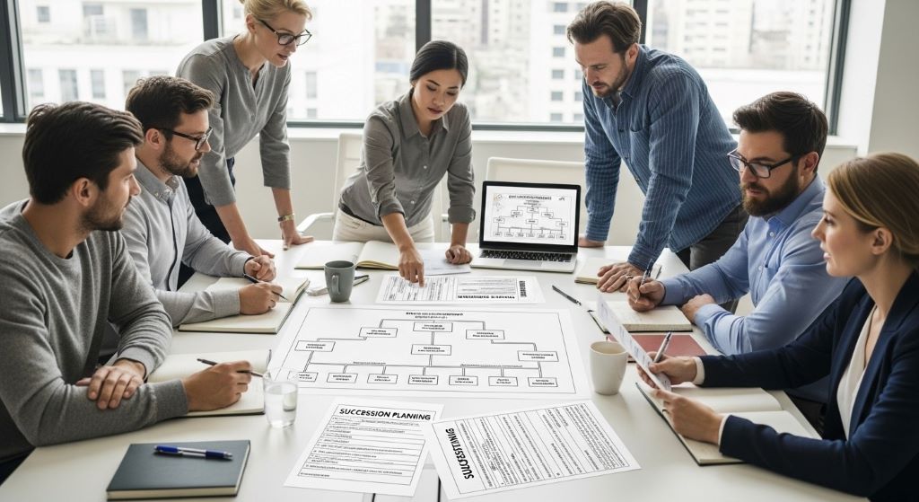 Business continuity planning meeting with diverse team reviewing organizational chart and succession planning documents on conference table