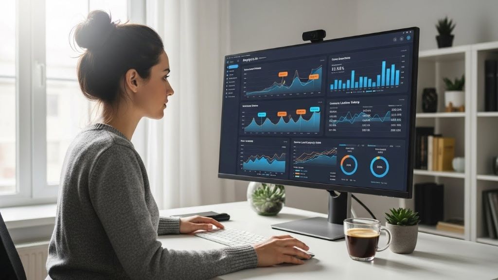Digital business owner reviewing analytics dashboard showing business growth and scalability metrics