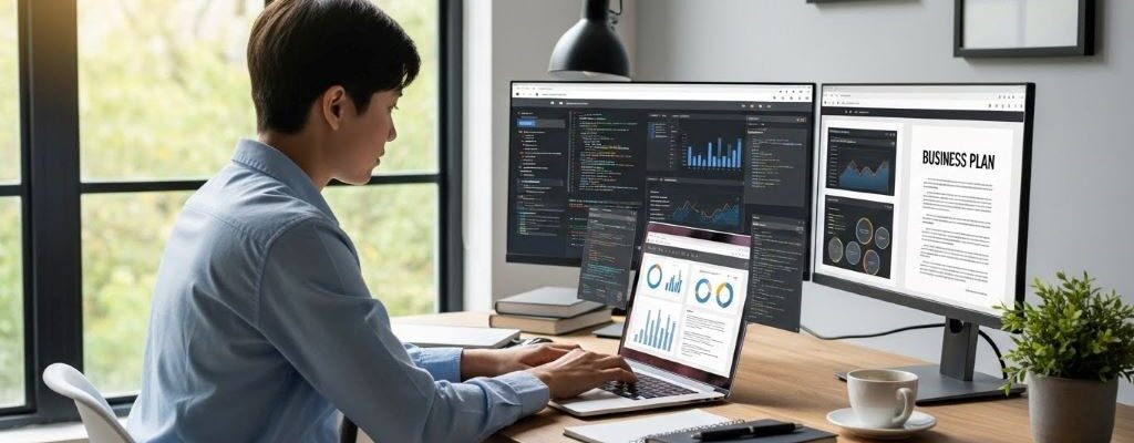 Entrepreneur working on laptop building scalable online business from home office