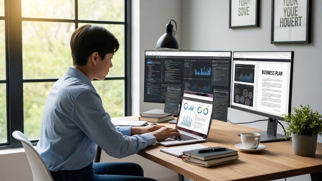 Entrepreneur working on laptop building scalable online business from home office
