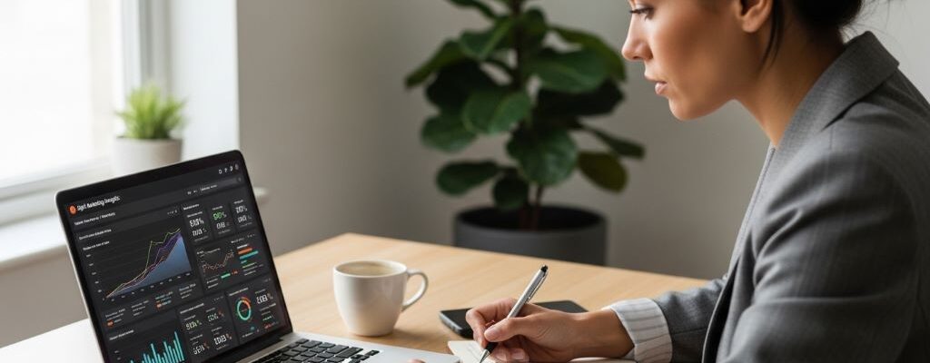Small business owner reviewing digital marketing analytics dashboard on laptop
