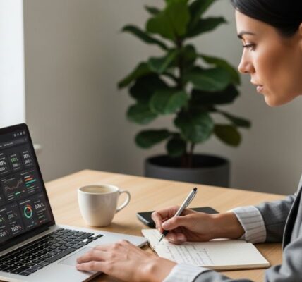 Small business owner reviewing digital marketing analytics dashboard on laptop