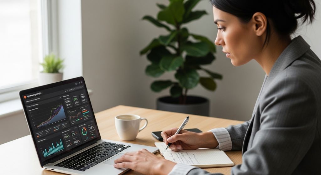 Small business owner reviewing digital marketing analytics dashboard on laptop