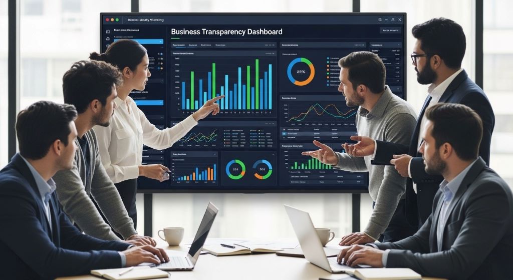 Team reviewing business transparency data on a centralized BAM tool screen