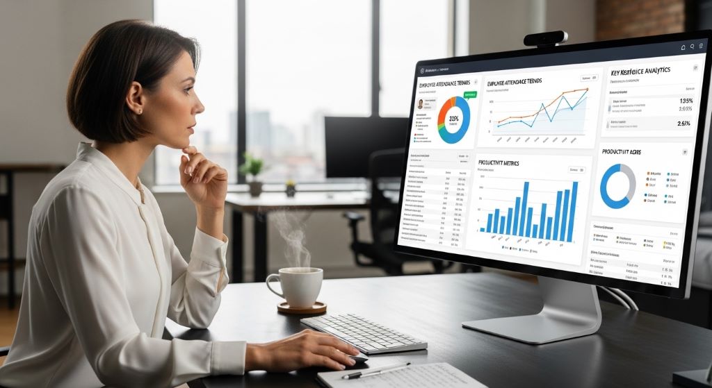 HR manager reviewing workforce analytics dashboard showing employee attendance and productivity data.