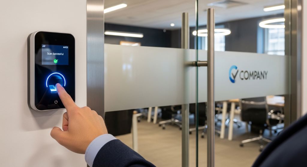 Employee scanning fingerprint on biometric attendance device at office entrance.