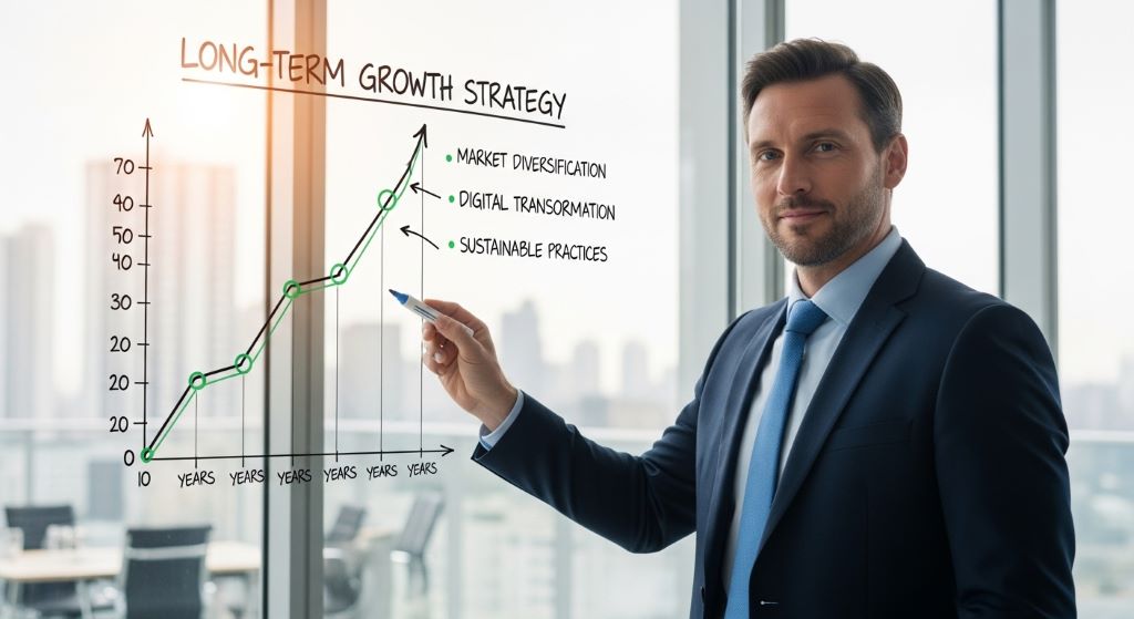 A business leader pointing at a growth chart on a whiteboard, symbolizing long-term business adaptability and strategic planning