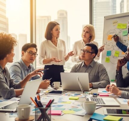 A diverse business team collaborating around a table to brainstorm new ideas for company growth and innovation