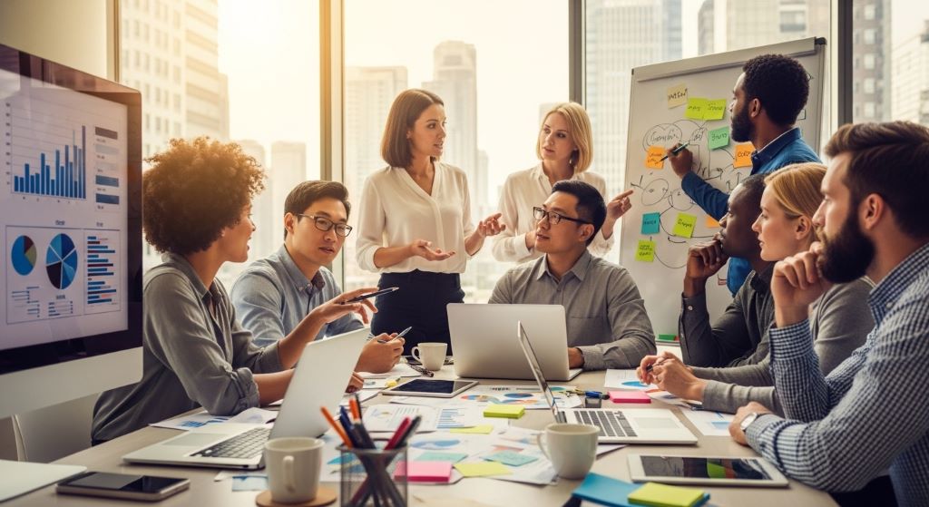 A diverse business team collaborating around a table to brainstorm new ideas for company growth and innovation