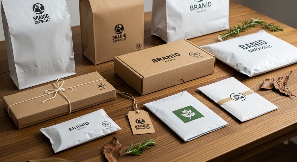 Sustainable apparel brand packaging made from recycled materials on a wooden table