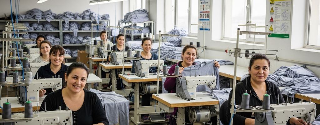 Garment workers in a fair-trade apparel factory smiling at their workstations