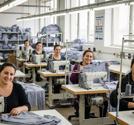 Garment workers in a fair-trade apparel factory smiling at their workstations