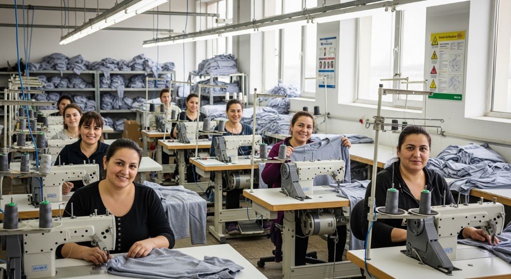 Garment workers in a fair-trade apparel factory smiling at their workstations