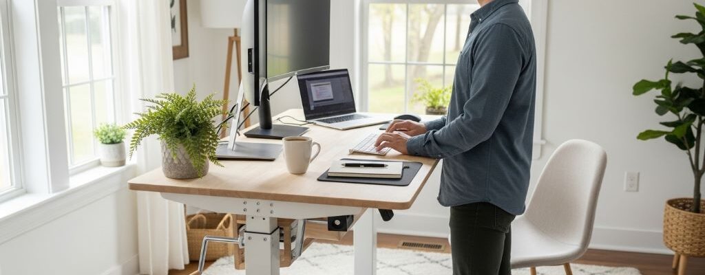 person using manual standing desk in home office