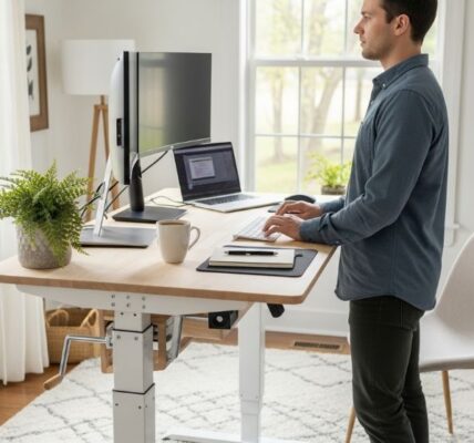 person using manual standing desk in home office