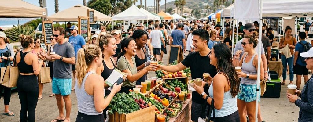 Healthy food startup booth promoting organic meals at a San Diego farmers market near the beach