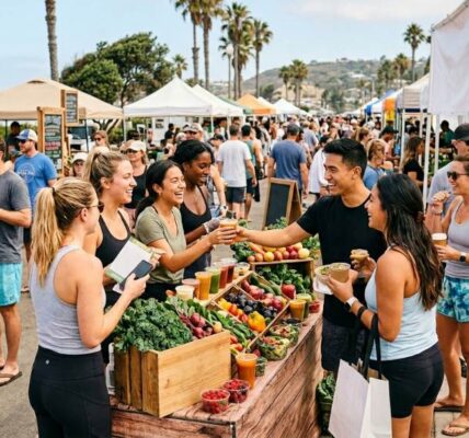 Healthy food startup booth promoting organic meals at a San Diego farmers market near the beach