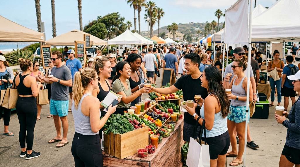 Healthy food startup booth promoting organic meals at a San Diego farmers market near the beach