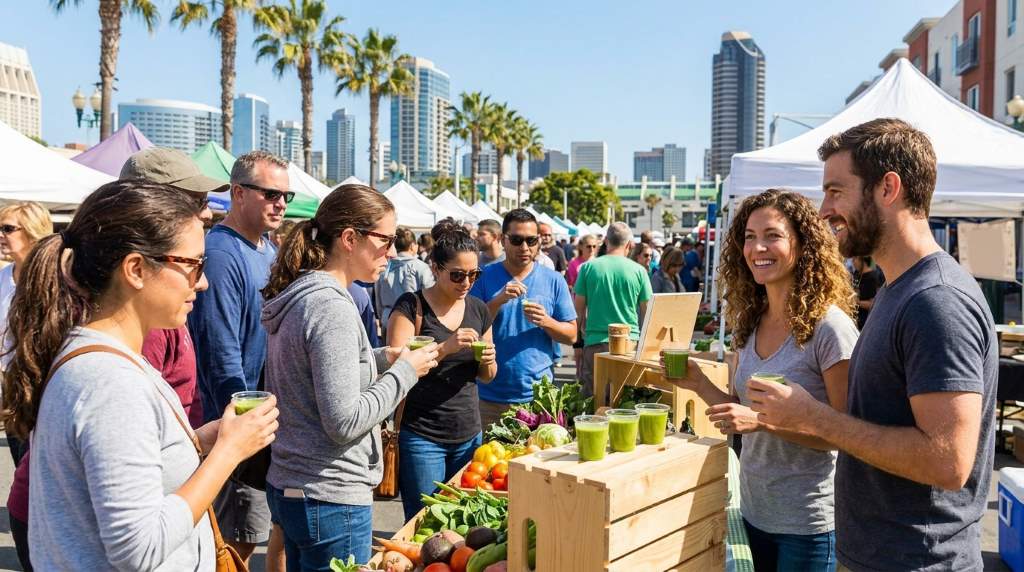 Local healthy food entrepreneurs networking with fitness trainers and customers in coastal San Diego