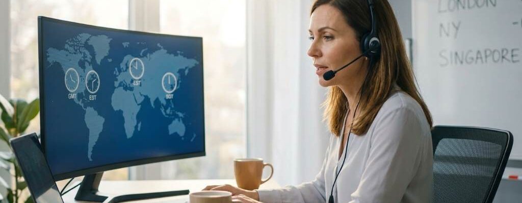 Manager leading a hybrid team meeting across multiple time zones using video conferencing tools