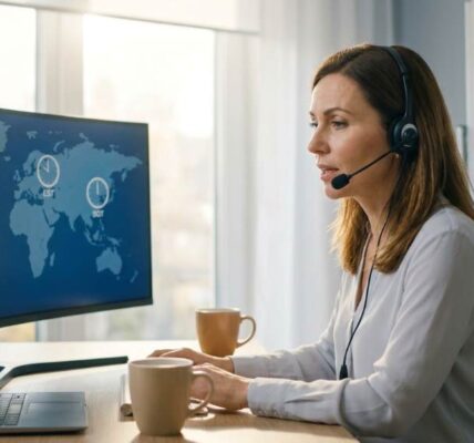 Manager leading a hybrid team meeting across multiple time zones using video conferencing tools