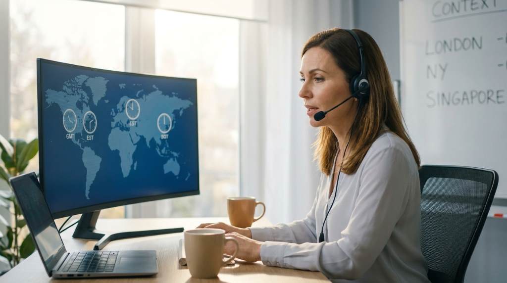 Manager leading a hybrid team meeting across multiple time zones using video conferencing tools