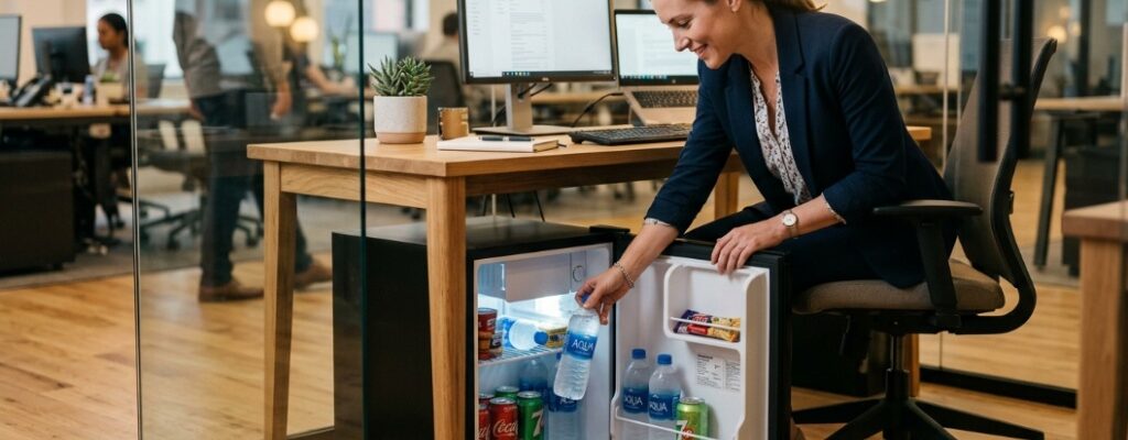 Stainless steel office mini fridge on a breakroom counter with guide text overlay.