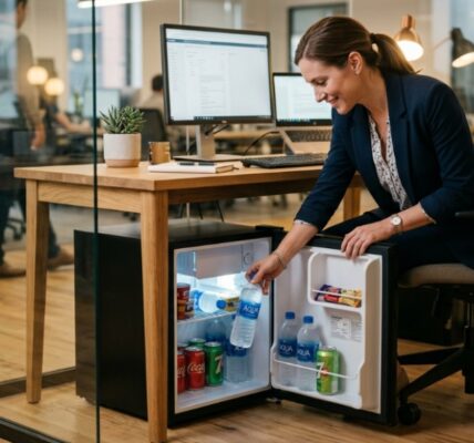 Stainless steel office mini fridge on a breakroom counter with guide text overlay.
