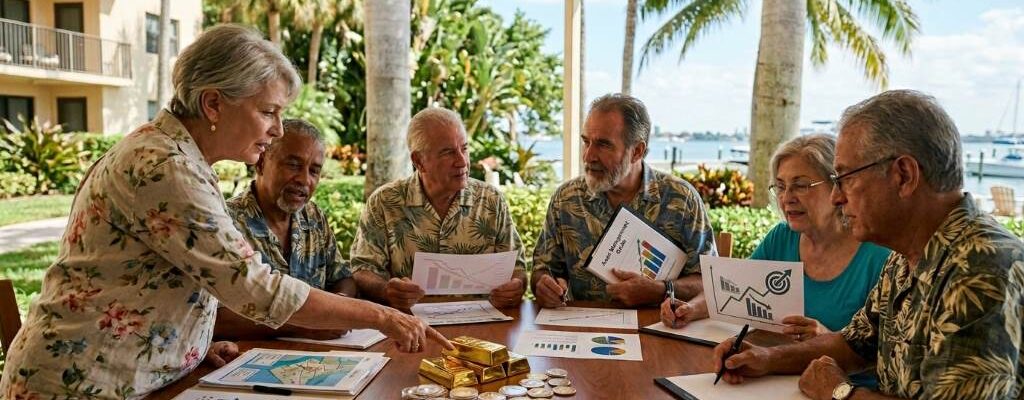 Retired couple in Miami reviewing inflation-proof investment plans inside a coastal home office