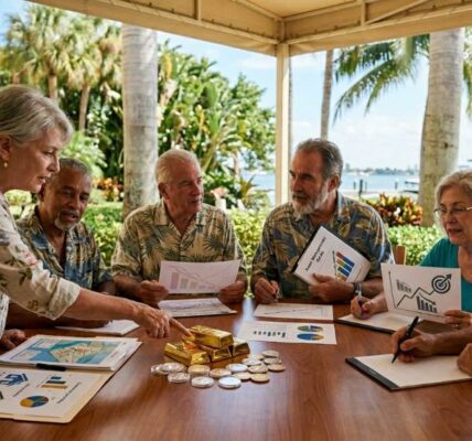 Retired couple in Miami reviewing inflation-proof investment plans inside a coastal home office
