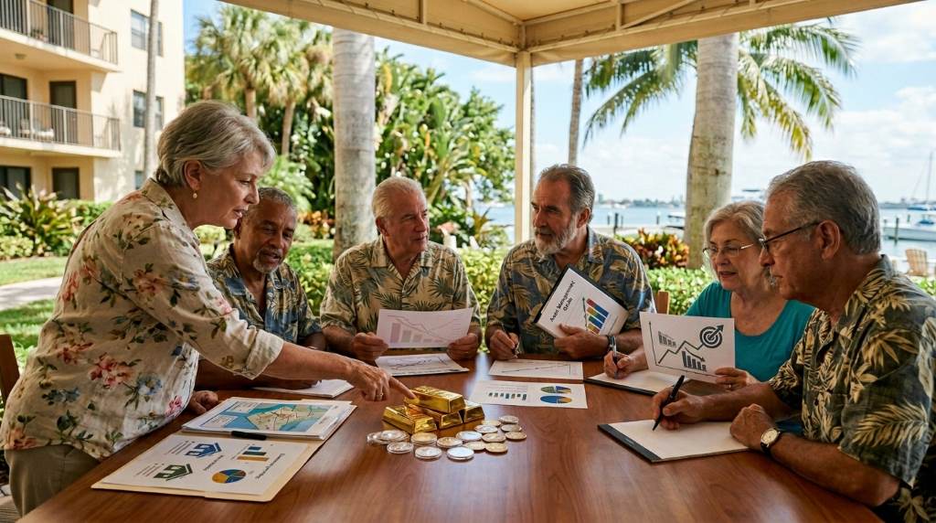 Retired couple in Miami reviewing inflation-proof investment plans inside a coastal home office