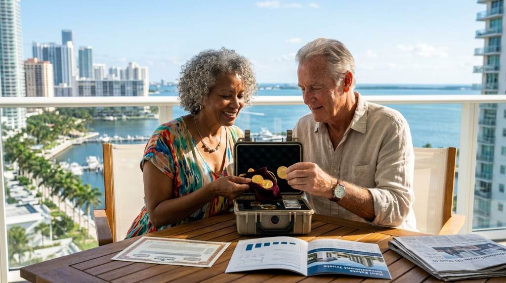 Senior investors in Miami discussing diversified retirement portfolios and inflation protection strategies
