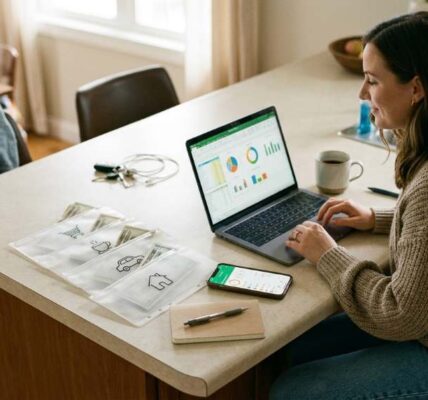 Simple two-account monthly budget system setup on a laptop screen