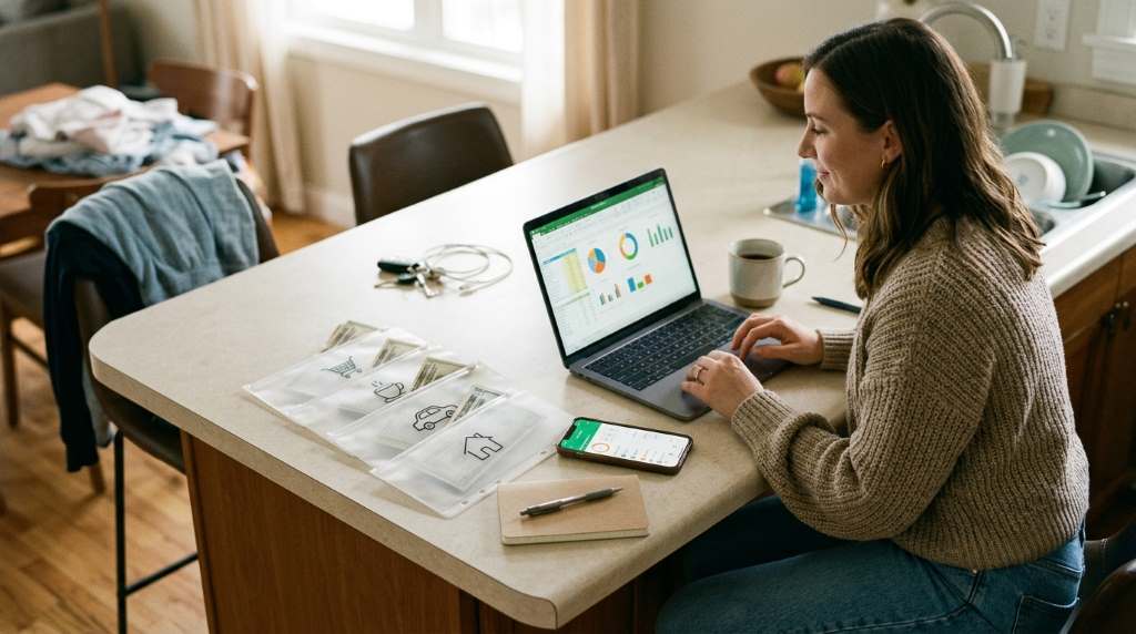 Simple two-account monthly budget system setup on a laptop screen