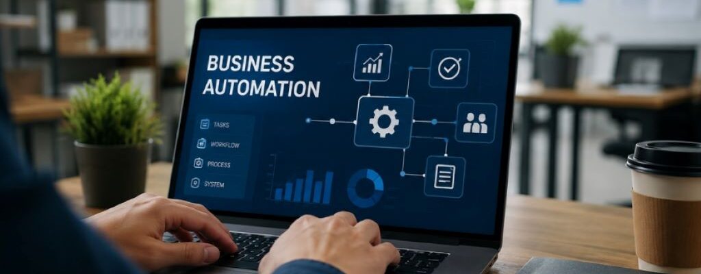 Business automation dashboard showing AI tools managing tasks in 2026
