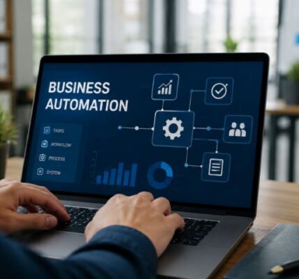 Business automation dashboard showing AI tools managing tasks in 2026