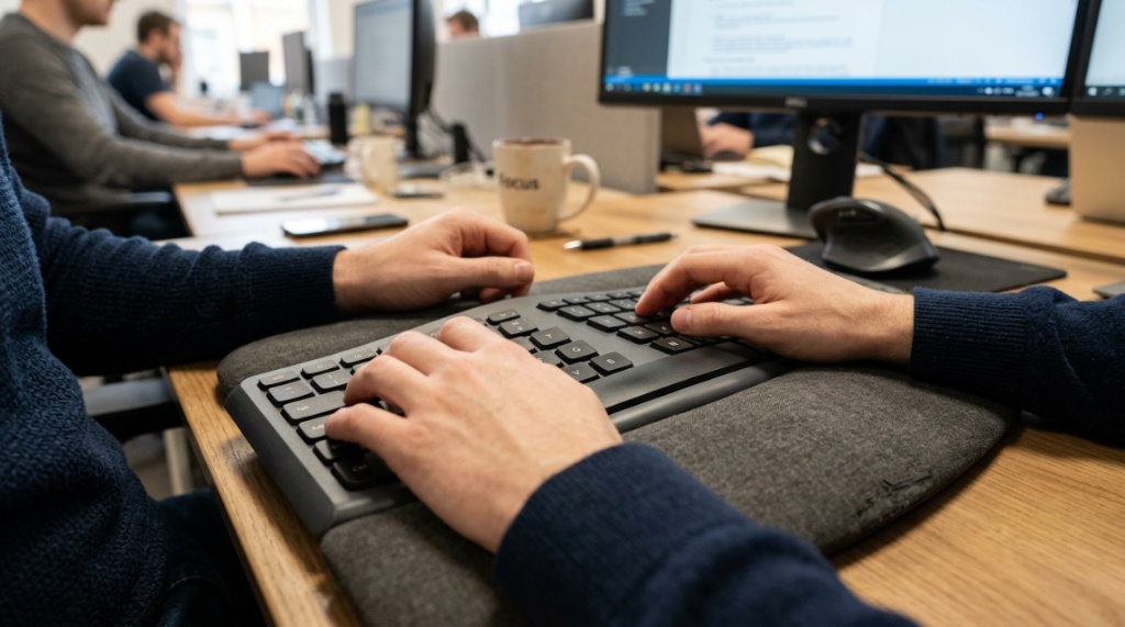 Hands typing on an affordable curved ergonomic keyboard.