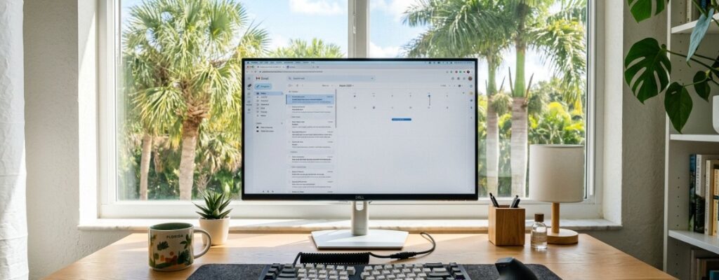 Budget ergonomic keyboard on a bright Florida office desk.