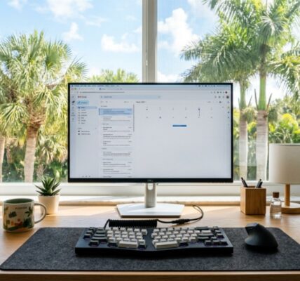 Budget ergonomic keyboard on a bright Florida office desk.